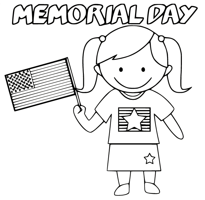 Little Girl Holds a Flag for Memorial Day Coloring Page