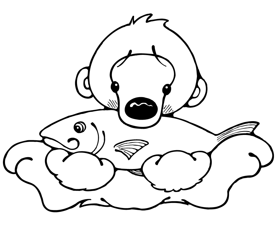 Polar Bear Cub with Fish Coloring Page