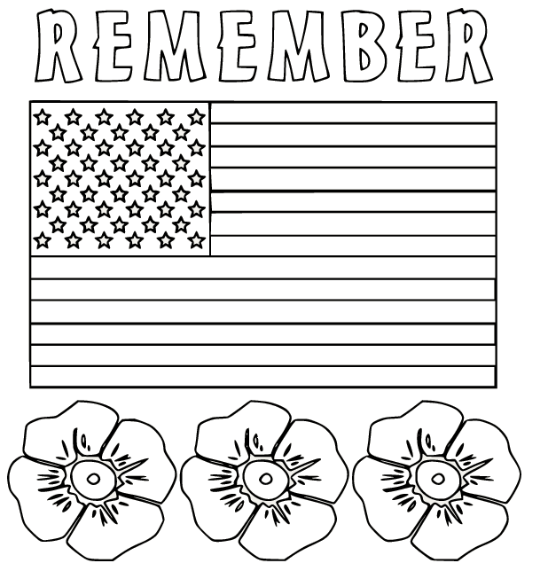 Remember with Flag and Flowers Coloring Page