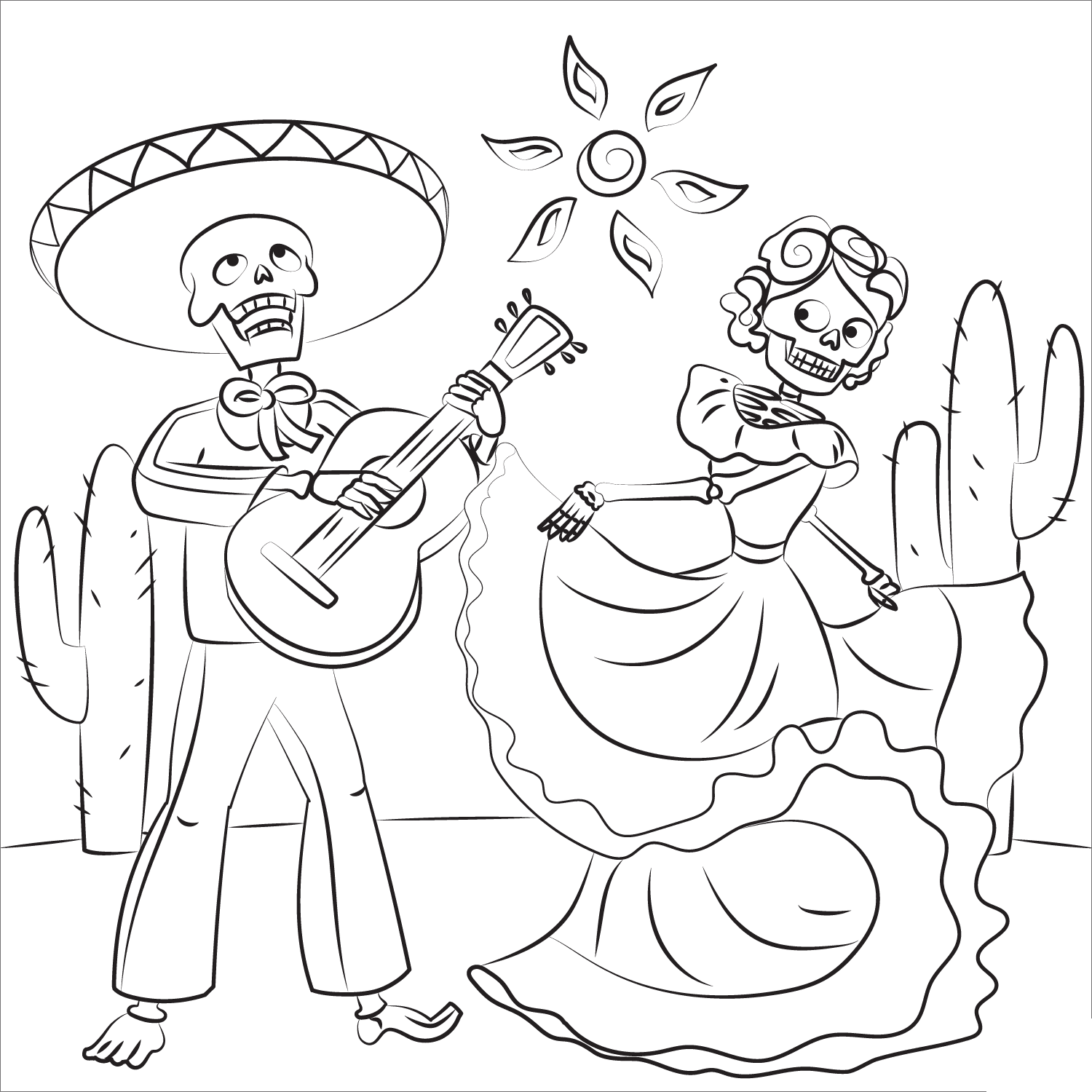 Esqueleto tocando la guitarra y mujer esqueleto bailando del Día de Muertos