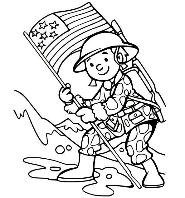 Soldier Holds the Flag Coloring Page