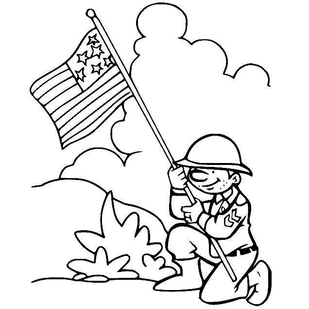 Solider Holds the Flag of USA Coloring Page