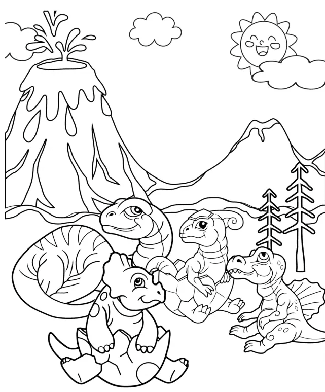 Spinosaurus, Parasaurolophus, Plesiosaur, and Triceratops Coloring Pages