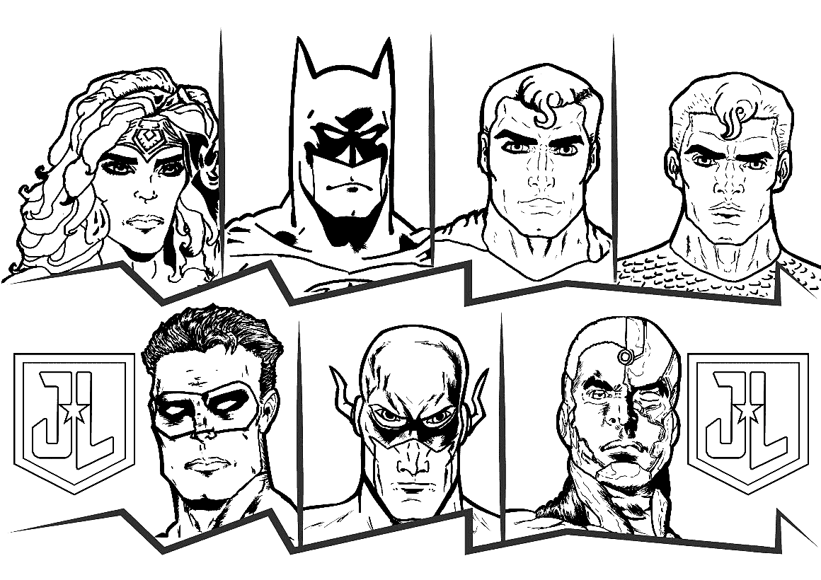 Rostos de super-heróis da Liga da Justiça