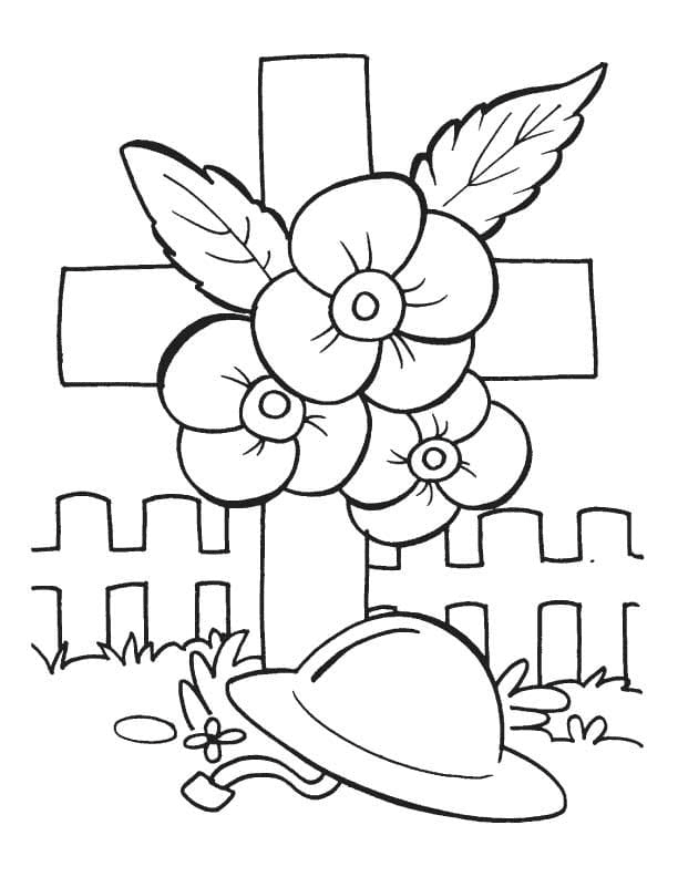 Tombstone With Helmet And Flowers Coloring Pages