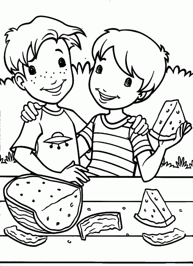 Two Children Eating Watermelon Coloring Page
