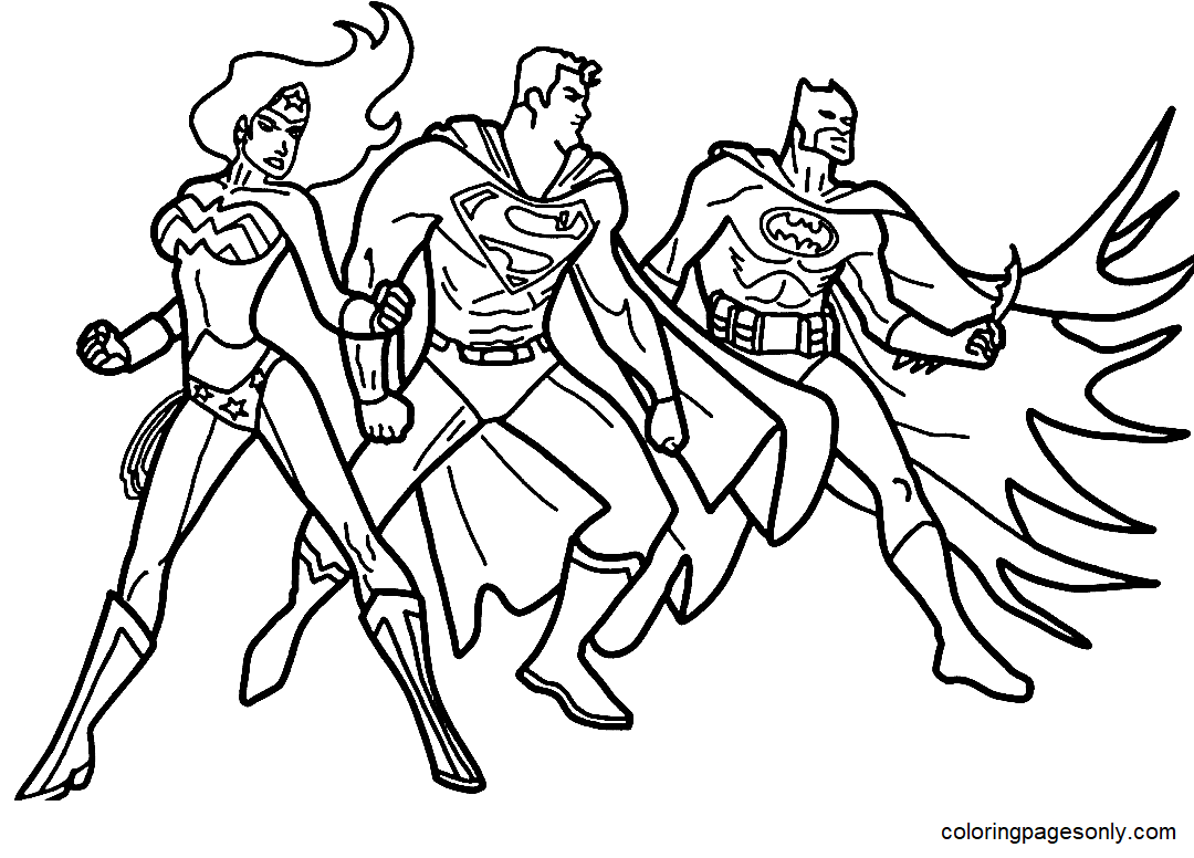 Wonderwoman, Superman, Batman Superheroes Coloring Page