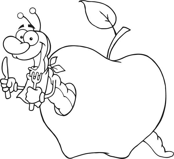 Worm with Apple Coloring Page