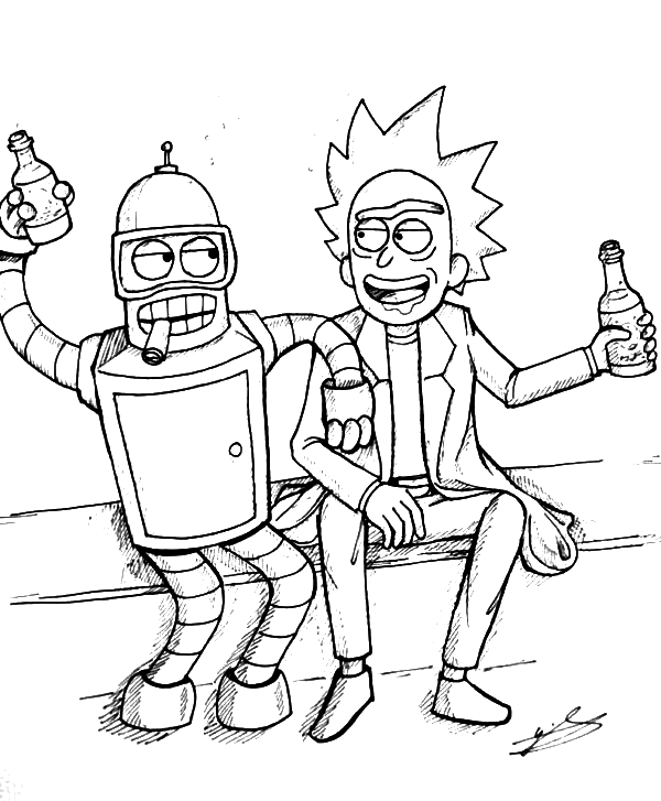 Pagina da colorare di Bender e Rick