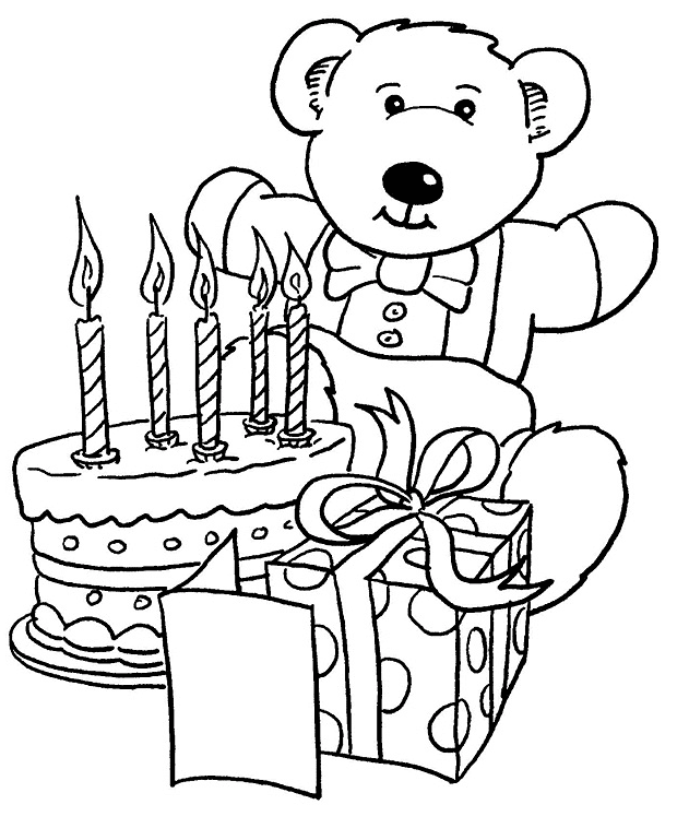 Birthday Gifts and Teddy Bear Coloring Page
