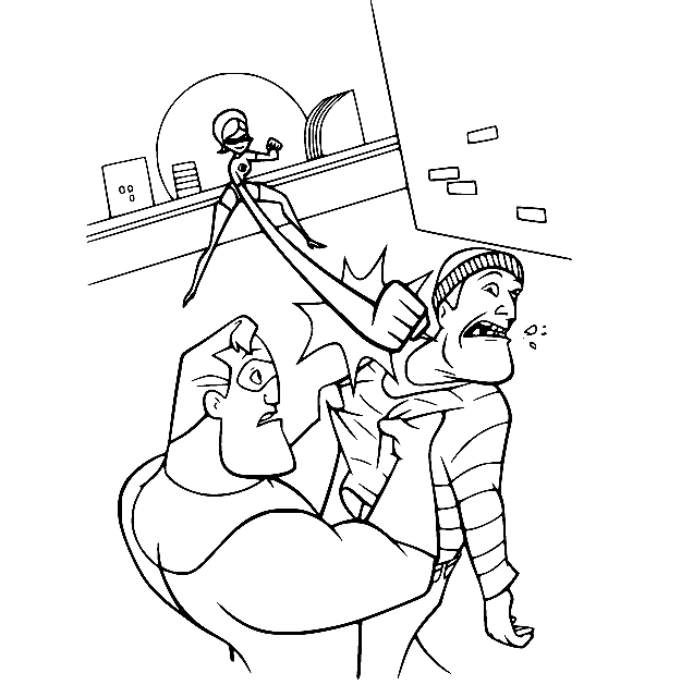 Bob and Helen Fight the Villian Coloring Page
