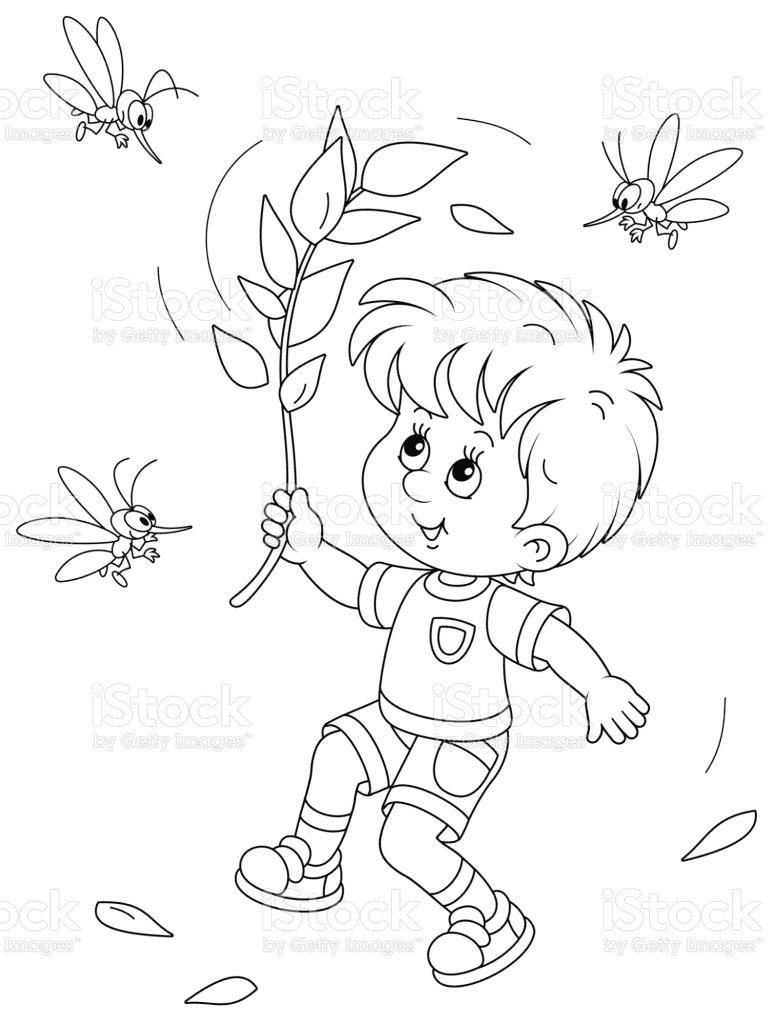 Boy Chasing Mosquitoes Coloring Page