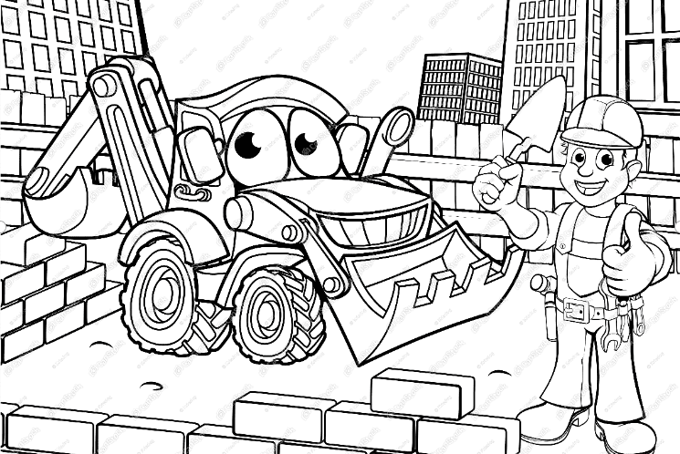 Builder and excavator or Bulldozer Coloring Page