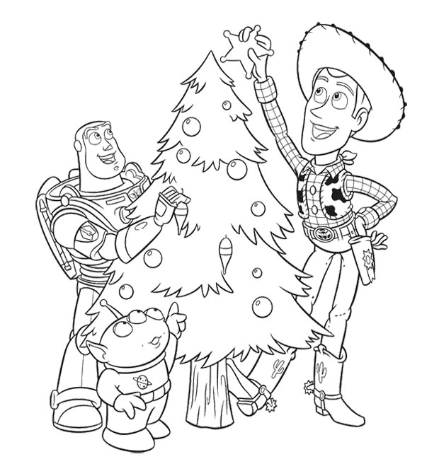 Buzz Lightyear, Alien and Woody Sheriff on Christmas Coloring Page