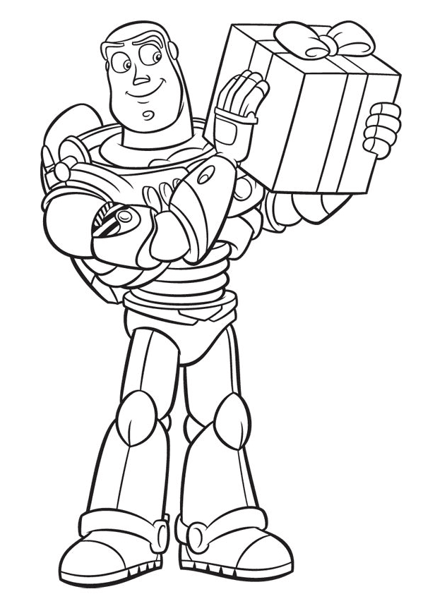 Buzz Lightyear with Gift Box Coloring Page