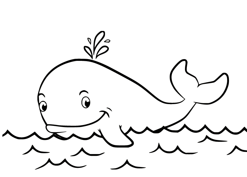 Мультяшный кит в море Раскраска