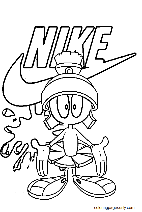 Dessin animé de personnages avec la page de coloriage du logo Nike