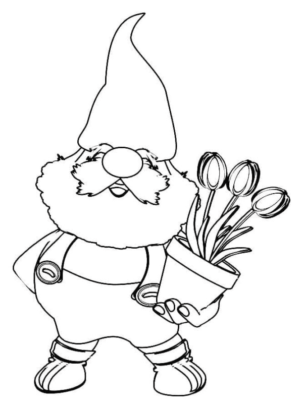 Niedlicher Gnom mit Topf voller Tulpen von Gnome
