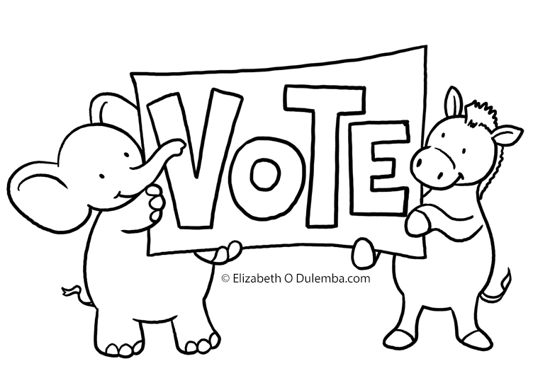 Desenho de burro e elefante no dia da eleição para colorir