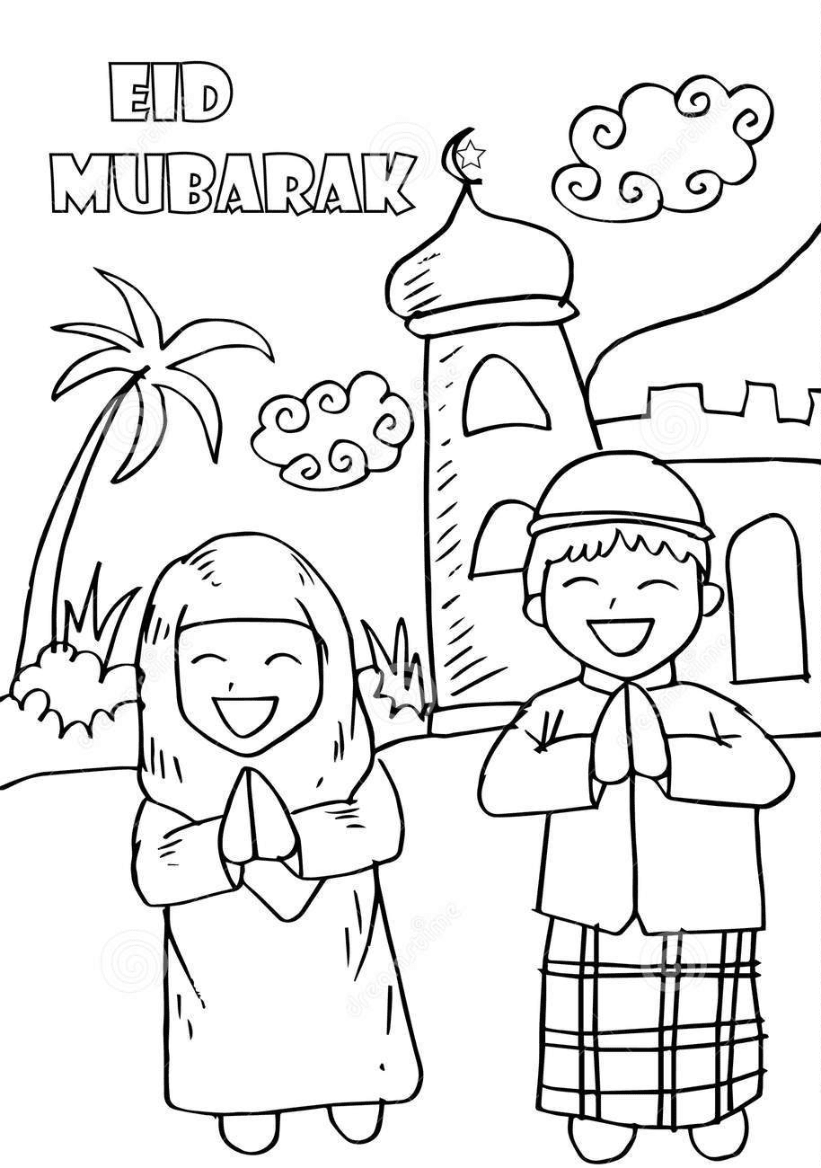 Eid Mubarak with Happy Kids Coloring Page