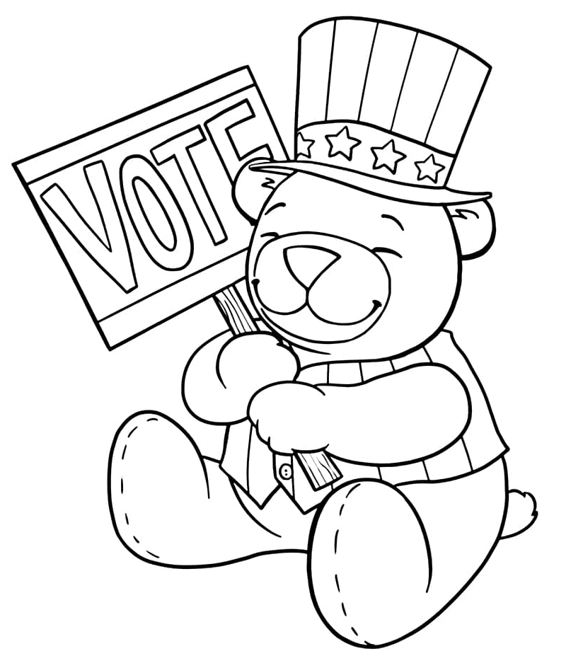 Página para colorir do urso da votação do dia da eleição