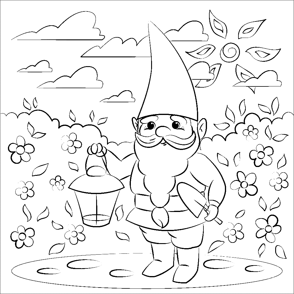 Garden Gnome with Shovel Coloring Page
