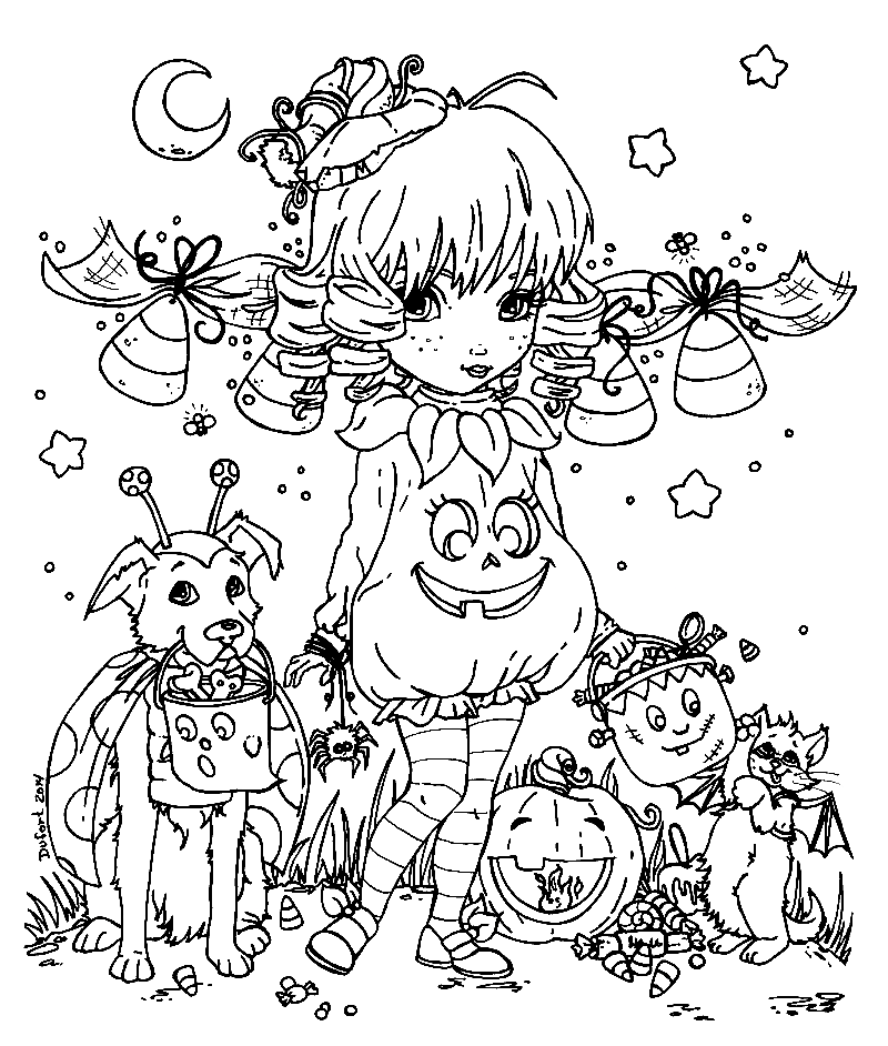 Girl and Animals Halloween Coloring Page
