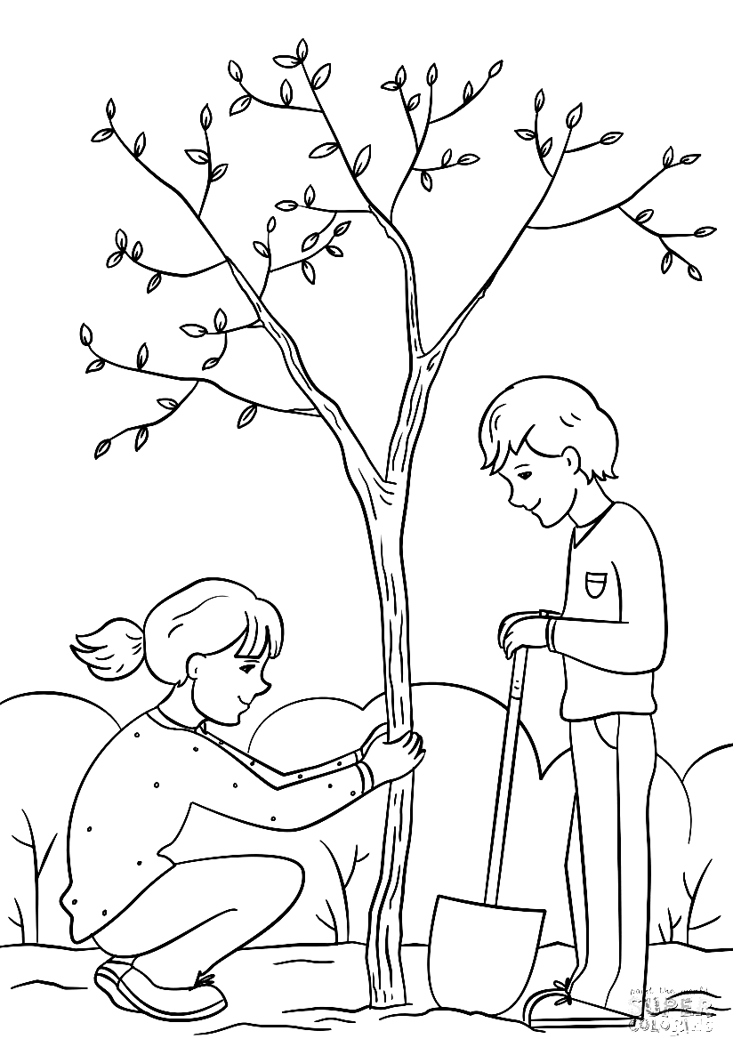 Girl and Boy Planting a Tree Coloring Page