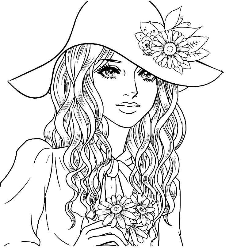 Girl with Hat Coloring Page