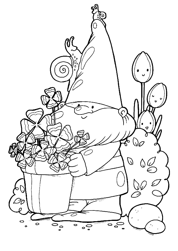 Gnome is Gathering Flowers Coloring Page