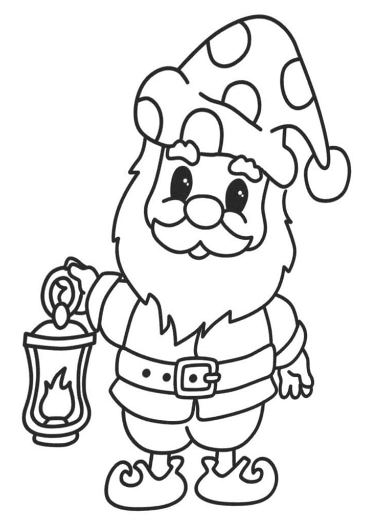 Gnome with Flashlight in Christmas Hat Coloring Page