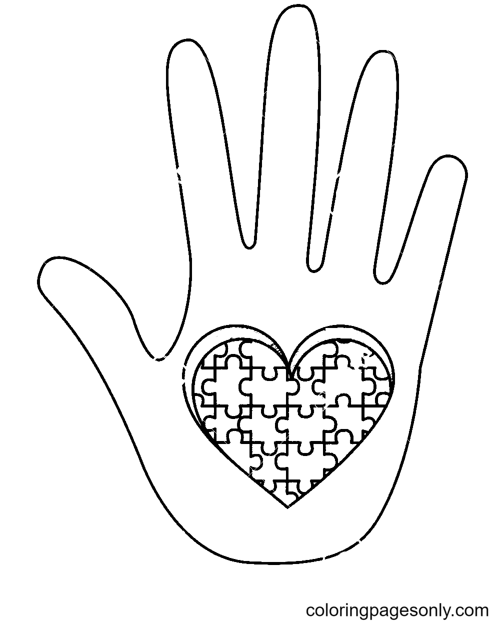 Hand With Puzzle Heart Autism Symbol Coloring Page