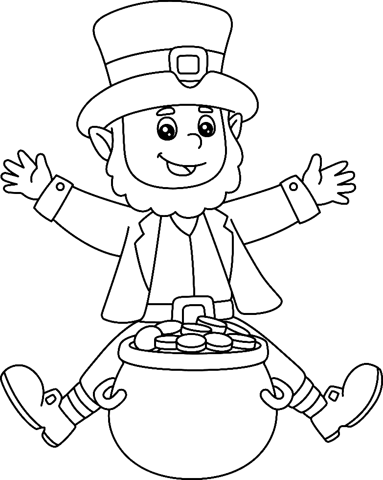 Happy Leprechaun with Pot of Gold Coloring Page