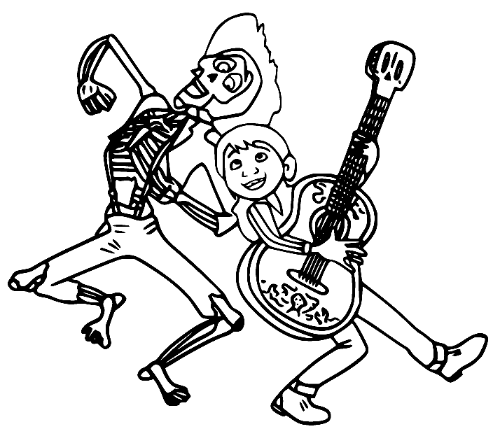 Desenho para colorir de Hector e Miguel tocando guitarra