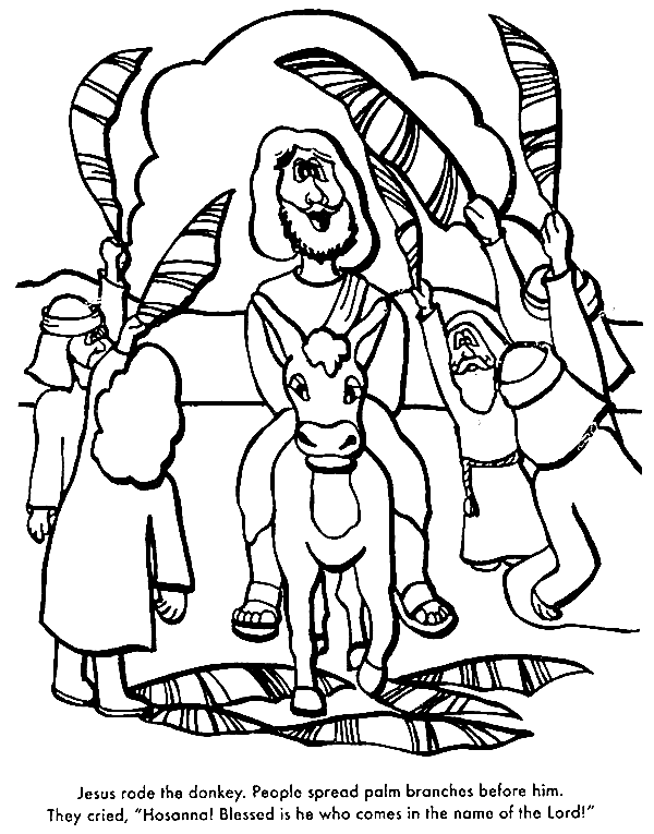Desenho de Jesus em Jerusalém montado em um burro para colorir