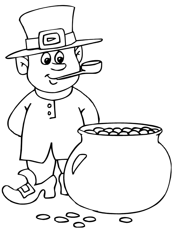 Leprechaun and Pot of Gold Free Coloring Page
