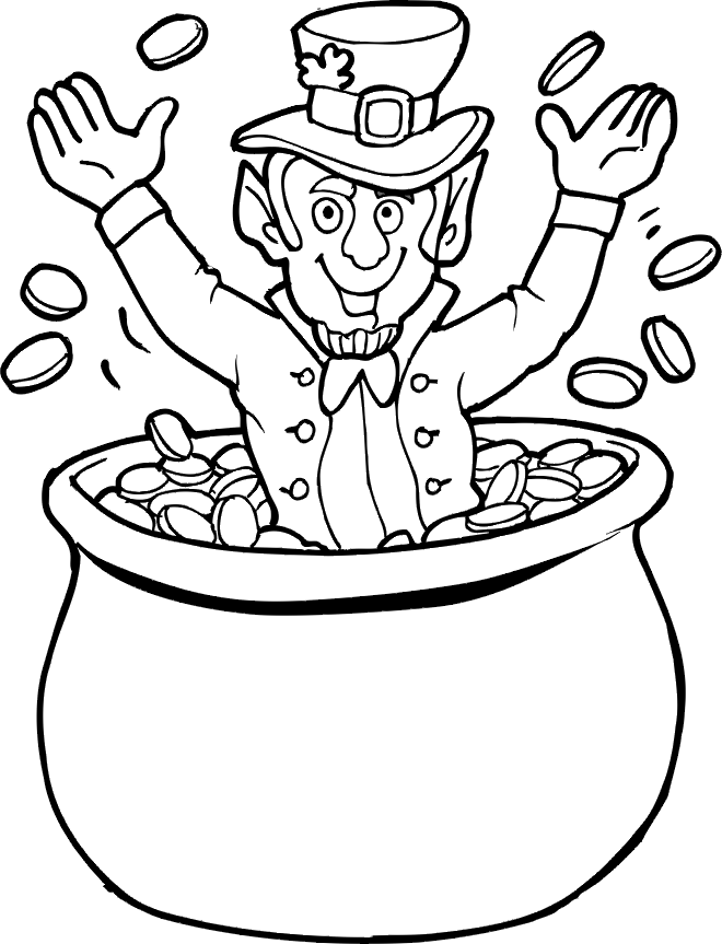 Leprechaun in Gold Coins Pot Coloring Page