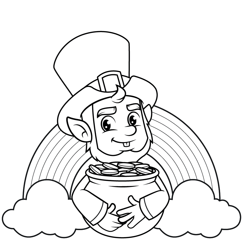 Leprechaun with Rainbow and Massive Pot Coloring Page