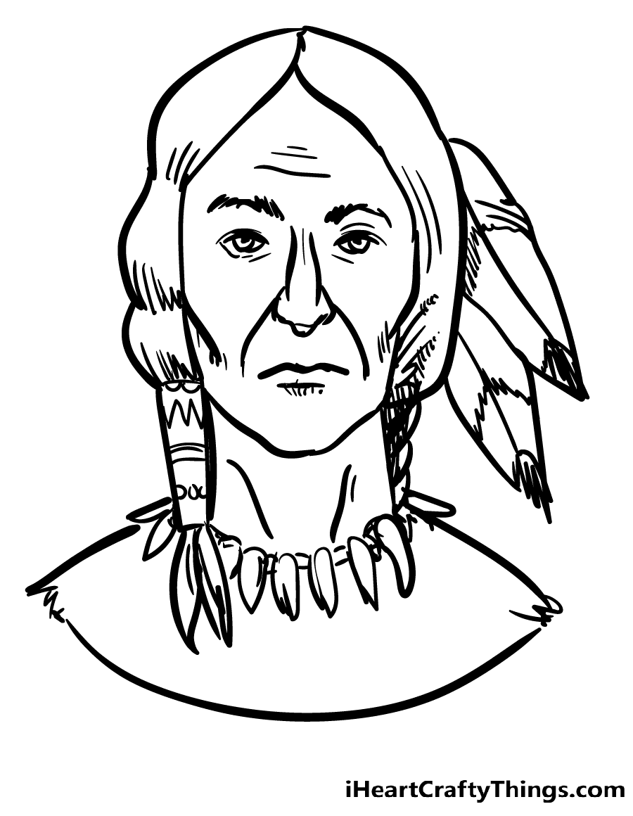 Mann mit Federn im Haar und Halskette vom amerikanischen Ureinwohner
