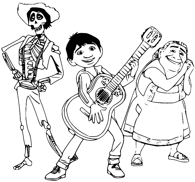 Dibujo de Miguel tocando la guitarra para Héctor y Abuelita para colorear