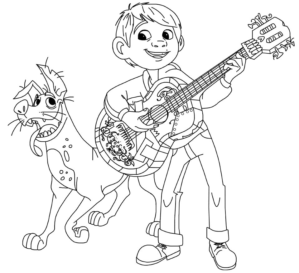 Miguel Playing Guitar with Dante Coloring Page