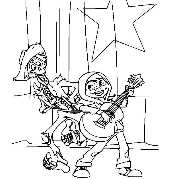 Раскраска Мигель играет на гитаре с Гектором
