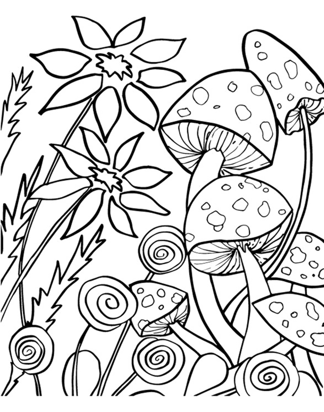 Mushrooms with Flowers Coloring Page