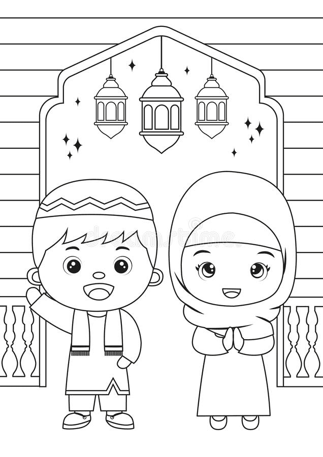 Desenho para colorir de crianças muçulmanas vestidas com o Ramadã