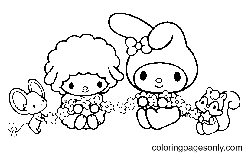 My Melody, My Sweet Piano, Flat and Risu Coloring Pages