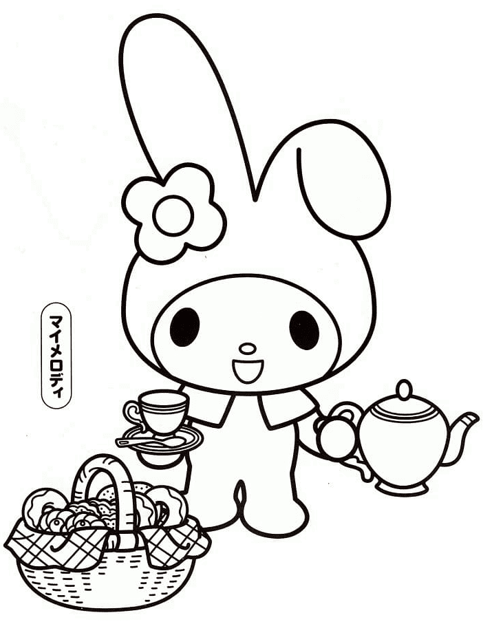 My Melody with Tea and Donuts Coloring Page
