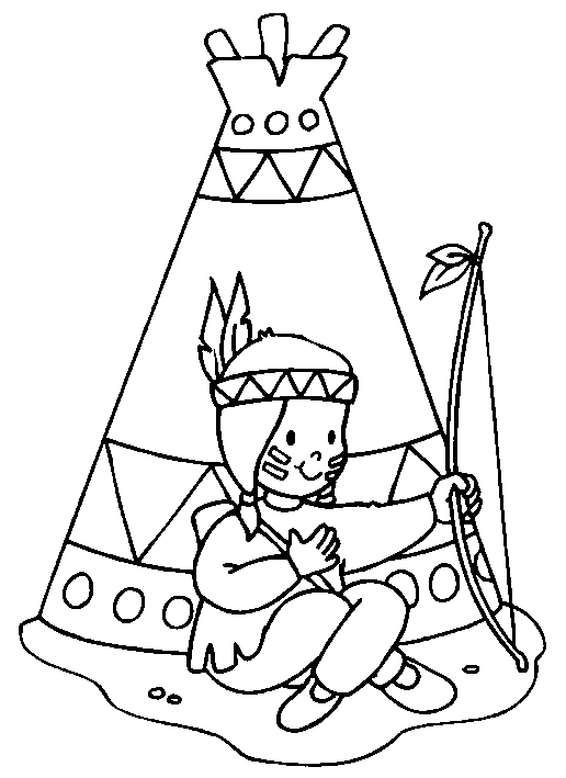 Native American Indian with Teepee Coloring Page