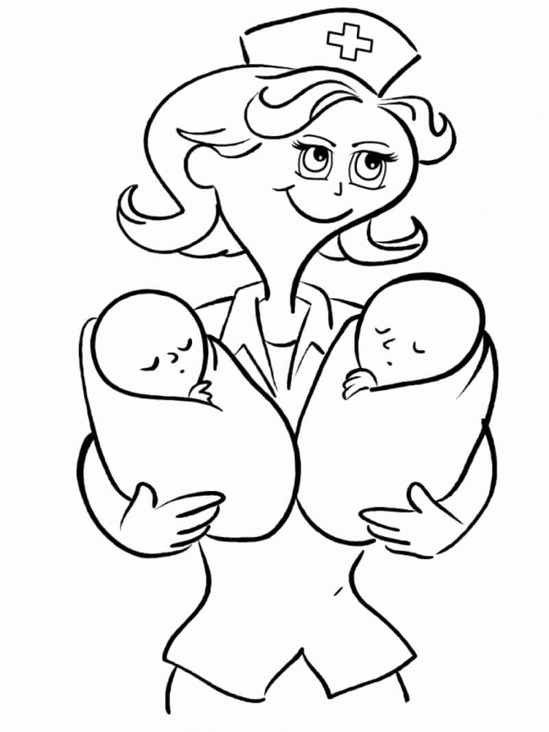Página para colorir enfermeira e bebês