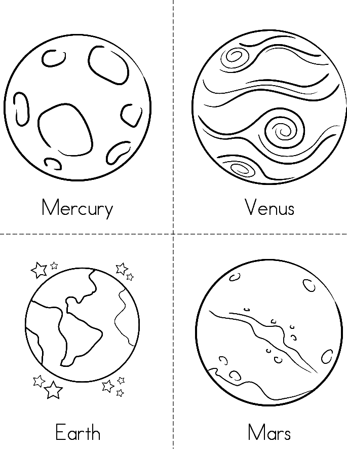 Ausmalbilder Planeten Merkur, Venus, Erde und Mars