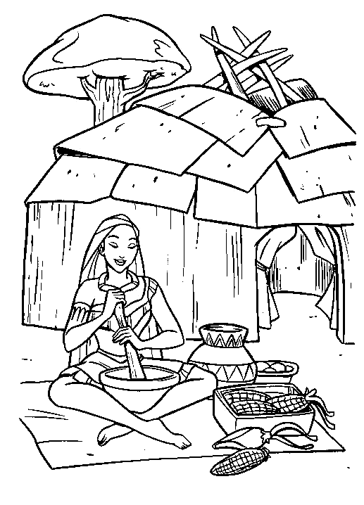 Pocahontas haciendo algo de comida con nativos americanos